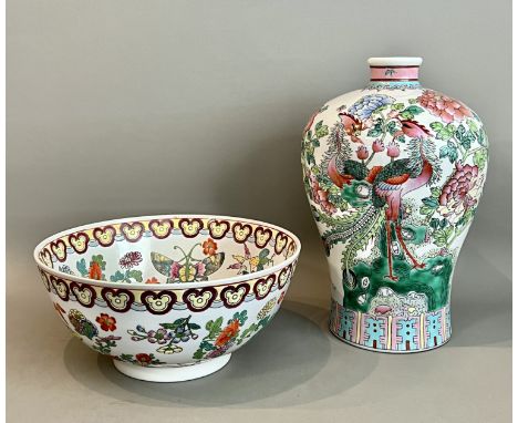 Two pieces of Chinese famille rose porcelain - 20th century, comprising a meiping form vase, painted with two phoenix amidst 