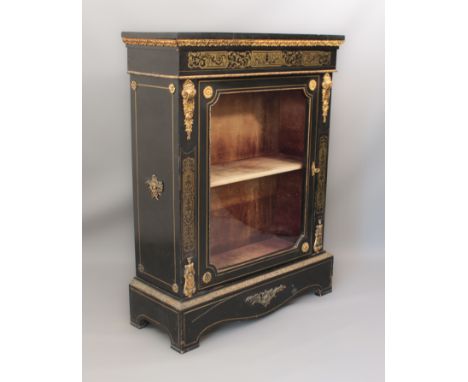 A 19th century ebony veneered, Boulle inlaid and gilt-metal cabinet - the entablature with gilt-metal acanthus decoration ove