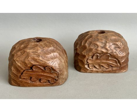 Mouseman and the Yorkshire Critters: a pair of oak candle holders by David 'Oakleafman' Langstaff of Easingwold - of domed fo