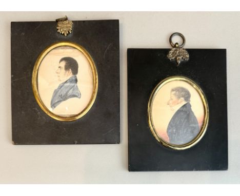 English School (19th century) - two portrait miniatures of gentlemen to dexter, watercolour on card, one oval, dressed in a b