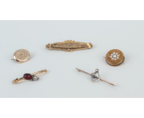 Five antique brooches - comprising an Art Deco 9ct gold and silver bar brooch set with blue and white stones; an Edwardian 9c