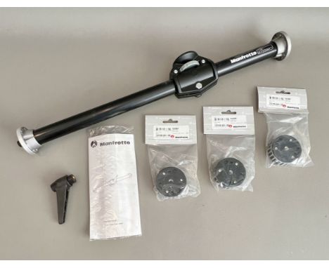 A boxed Manfrotto 131DB black repro arm double camera tripod accessory arm - with three 120DF 3/8" Adapters (c.2015, all as n