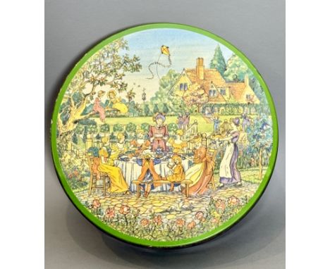 A Huntley & Palmers 'naughty' biscuit tin - c.1980, the circular tin decorated with artwork in the style of Kate Greenaway by