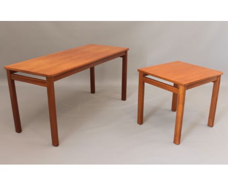 A teak coffee table and matching drinks table - 1960s-70s, the sides with high-level stretchers. (the coffee table LWH 90 x 3