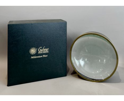 A box of miscellanea - including a large 8in brass mounted lens, possibly from a large telescope, dimensions 22cm x 8.4cm dee
