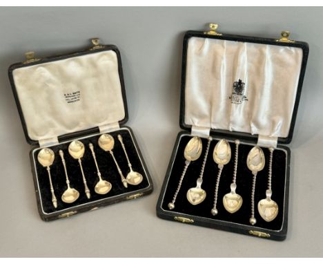 A cased set of six Continental .800 silver gilt coffee spoons - with shaped bowls, barleytwist stems and hoof terminals, weig