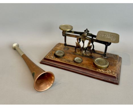 A Victorian rosewood, marquetry and brass letter scales - with three weights, 22.5 x 13cm (minor losses to veneers); together