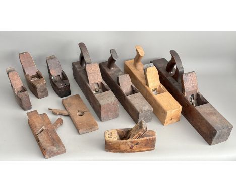Antique tools: a small group of ten wooden smoothing, jointing and moulding planes - including a 1in block plane by Greenslad