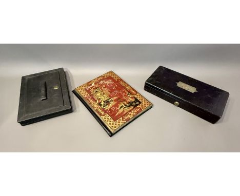 Three antique leather desk or office objects - comprising an unusual dark green leather concertina document or stationary box