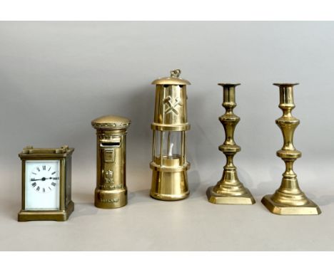 Five pieces of brassware - including a pair of 19th century candlesticks, 22.5cm high; a reproduction miner's safety lamp; a 