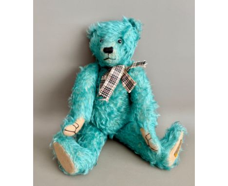 An Alpha-Farnell by Merrythought limited edition mohair teddy bear by Oliver Holmes - in shaggy turquoise mohair, with clear 
