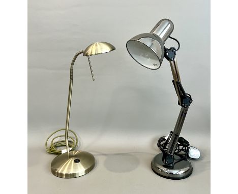Two desk / reading lamps - comprising a Lloytron anglepoise style lamp in black chrome finish; and a brushed antique-brass fi