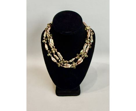 A choker style baroque pearl, amethyst and two-colour citrine three strand necklace - with gold plated sunflower clasp, 42cm 
