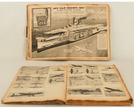 Two WW2 scrapbooks and seven Victory Europe newspaper editions. Scrapbook 1 (85 pages) - mostly Allied and Axis aircraft; Scr