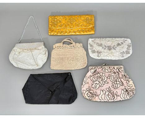 Six vintage 1950s-60s evening bags - including three with beadwork decoration, the light orange and gold bag by 'Salisburys P