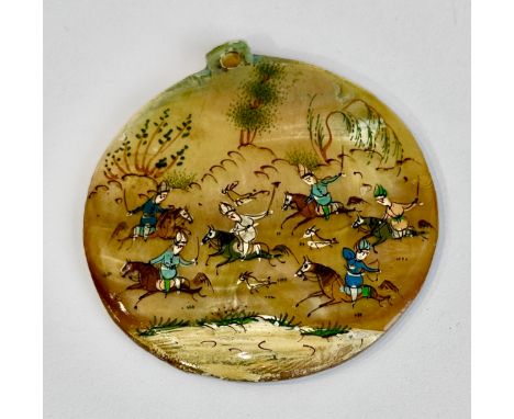 A Chinese painted mother of pearl pendant plaque - in the Tang dynasty style, 20th century, painted with a hunting scene, 5.9