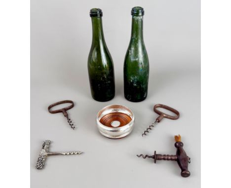 Seven wine related items - comprising two 19th century green glass wine bottles with high kicked-up bases, 25.5cm high; an El