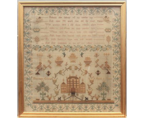 An early 19th century needlework sampler - inscribed 'Elizabeth Grange Aged 8 Years', the eight lines of verse bordered by an