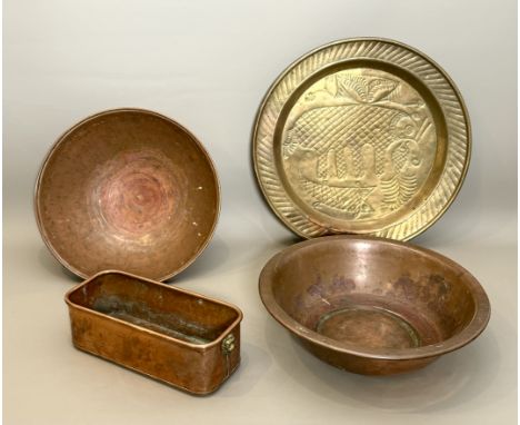Four pieces of copper and brass ware - comprising two copper wash bowls, 14in diameter, one with a circular foot, the other s