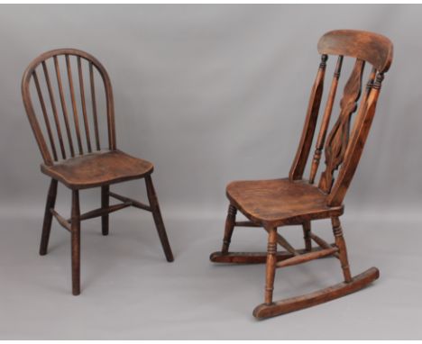A beech and elm rocking chair, c.1900 and a hoop-back chair - the rocking chair with pierced splat and bentwood block support