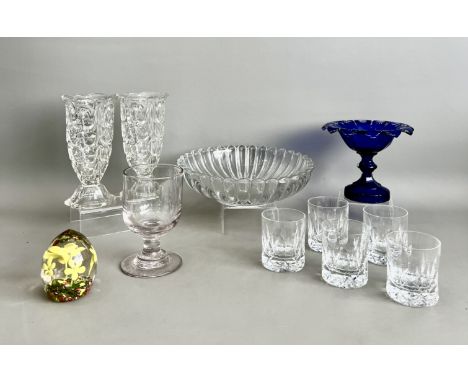 A small group of antique and vintage glass ware - including a blue cased glass tazza, probably Bohemian, early 20th century, 