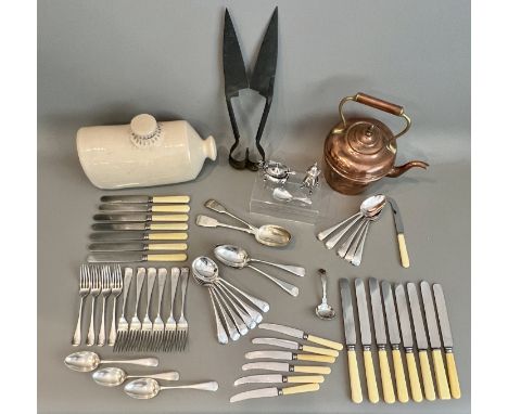 A small collection of silver plated flatware and bone-handled knives - together with an EPNS pepperette and mustard; an EPNS 