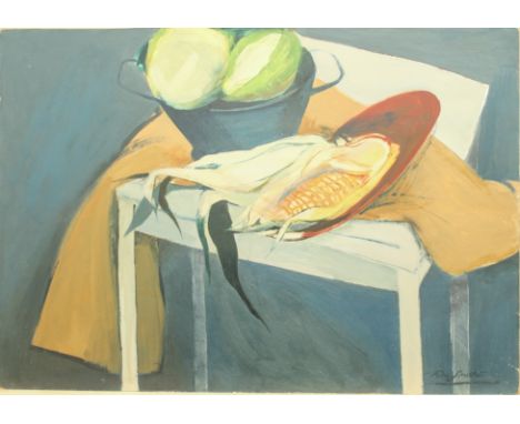 Rita Smith (British, 21 Artists Group, 20th / 21st century) Still life with a white cabbage, maize and a blue pail on a table