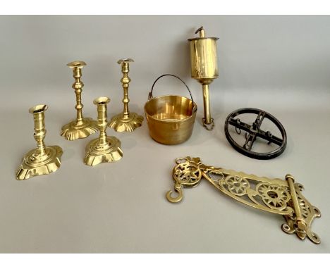 A small collection of antique and vintage brass ware - including two pairs of Georgian candlesticks, 13.5cm and 20cm high; a 