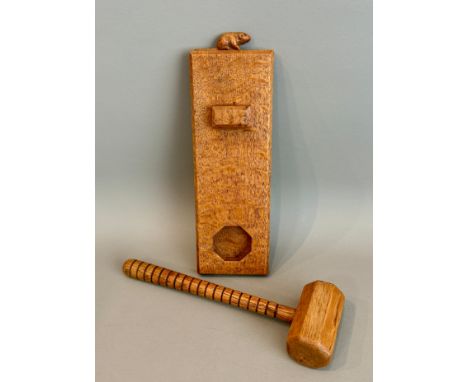 Mouseman and the Yorkshire Critters: a mid-oak auctioneer's gavel and stand by Colin 'Beaverman' Almack (1930-1996) of Sutton