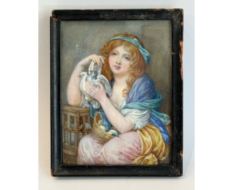 An Italian School miniature on ivory, second half 19th century - watercolour, depicting a girl with a pair of doves, a birdca