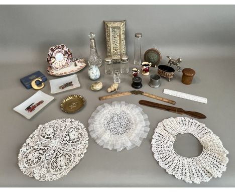 A box of collectables - including a George V silver mounted cut glass scent bottle, London 1922; a George V silver-topped pin