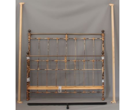 An antique-style iron and brass king size bed frame - with side rails and centre support (lacks bolts), (LWH 214 x 159 x 146c