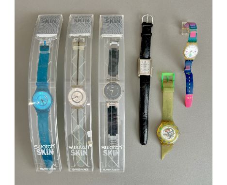 Three Swatch Skin wrist watches - c.1999 / 2000, in clear plastic cases; together with two other Swatch watches (one a/f); an