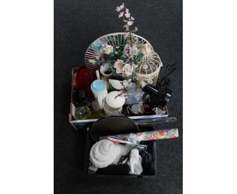 A box and a basket of mirror, glass ware, chalk bust, angle poised lamp, frying pan and boxed Morrisons food processor 