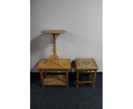 A blonde oak occasional, wine table and a lamp table 