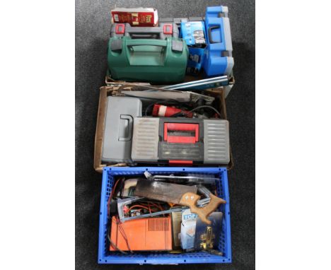 Three boxes power tools, hand tools, tool boxes, hardware etc 