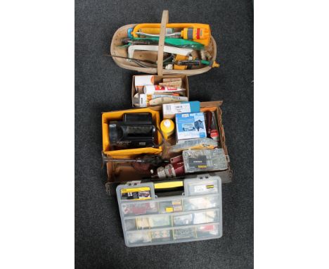 Two boxes, a case and a basket of gardening tools, hand tools, hardware, taps, water pump etc 