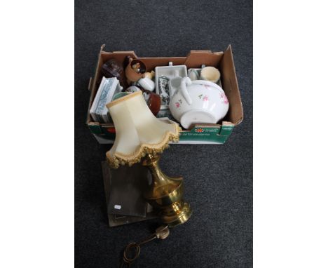 A box of antique dinner ware, blue and white jasper ware, chamber pots, canteen of cutlery, table lamp with shade and three a