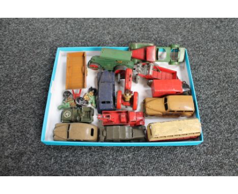A collection of vintage die cast vehicles, Dinky, traction engine, farm vehicles, busses etc 