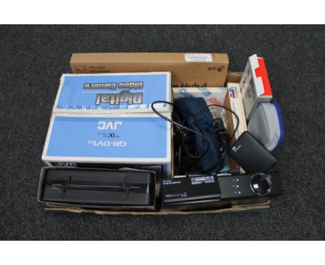 A box of JVC digital video camera, Probe Sound microphone, Tech Nomate free view box, camera battery belt etc 