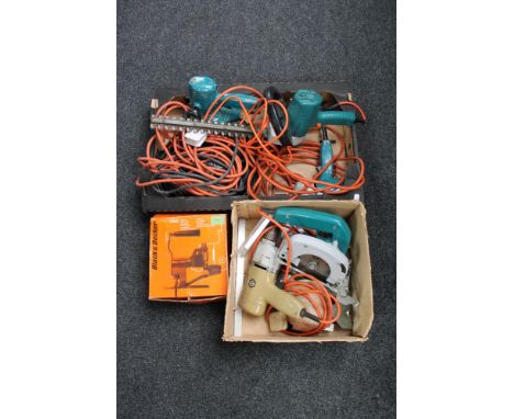 Two boxes of assorted power tools and electric power tools, sander, drill etc 