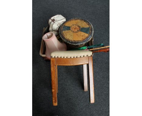 Three 20th century vinyl upholstered stools and box of walking stick, parasol, etc  