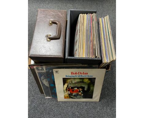 A box and a crate of vinyl records mainly rock and pop - Bob Dylan, The Beatles, Shanker, The Faces etc 