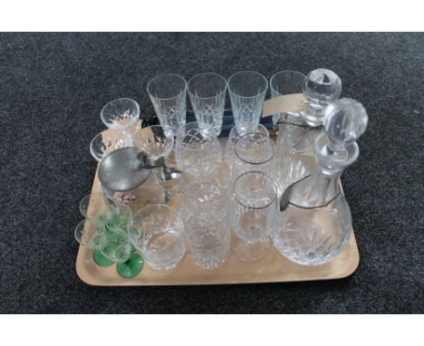 A tray of glass ware - antique blue glass, antique rolling pin, two decanters with labels, drinking glasses 