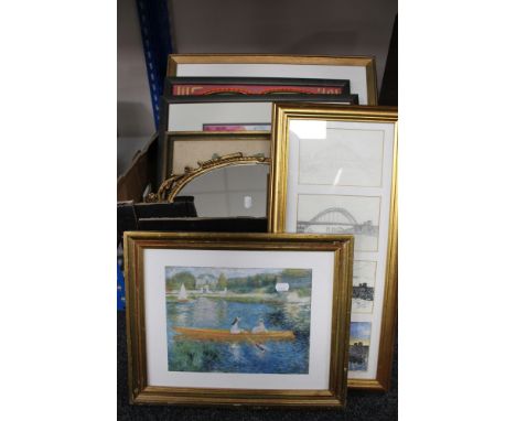 A box of framed pictures and prints - Tyne Bridge, watercolour, tapestry and a gilt framed mirror 