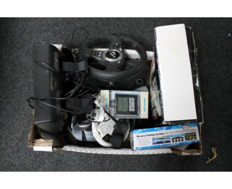 A box of electricals - PS steering wheel, joy stick, Wii controller, air bed etc 