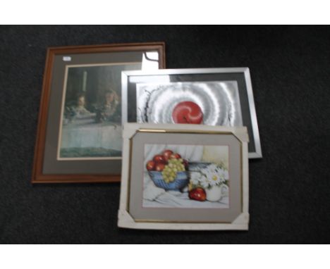 A mahogany framed print, vase of flowers on table, by G. Butler and three further framed prints 