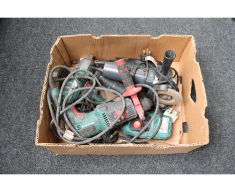 A box of assorted power tools - Parkside drill and hammer drill, Black &amp; Decker hammer drill, grinder etc 