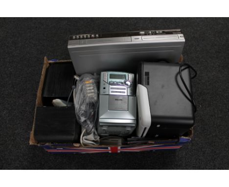 A box of DVD/VCR recorder, Philips micro hi/fi system, printer (all with continental wiring) 