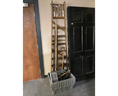 A set of folding wooden steps and two bundles of garden tools, plastic crate of garden and hand tools 